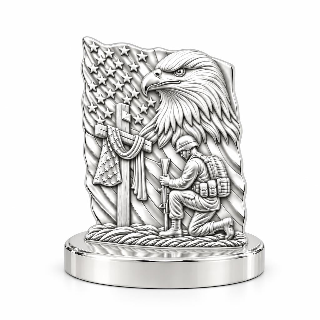 Patriot Kneeling in Prayer Keepsake Plaque – silver, front view