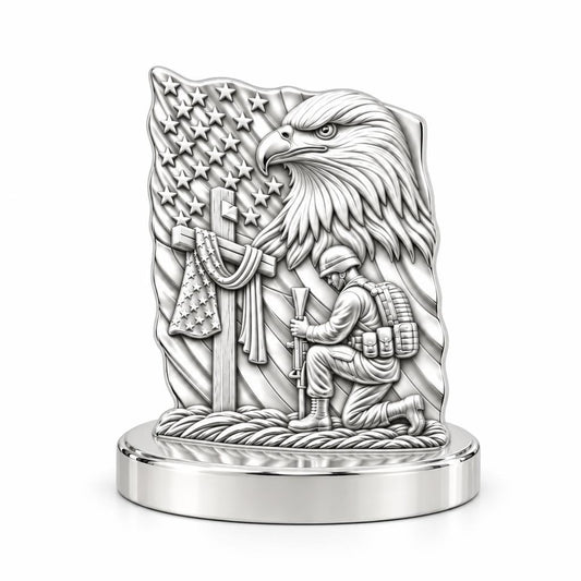 Patriot Kneeling in Prayer Keepsake Plaque – silver, front view