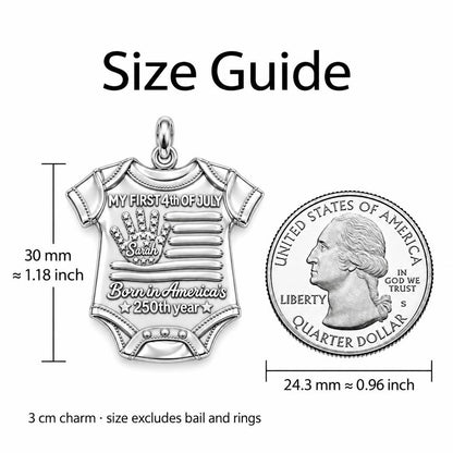 Patriotic Baby Onesie Charm Bracelet – Personalized Mom Gift – size guide, 3 cm charm next to a quarter