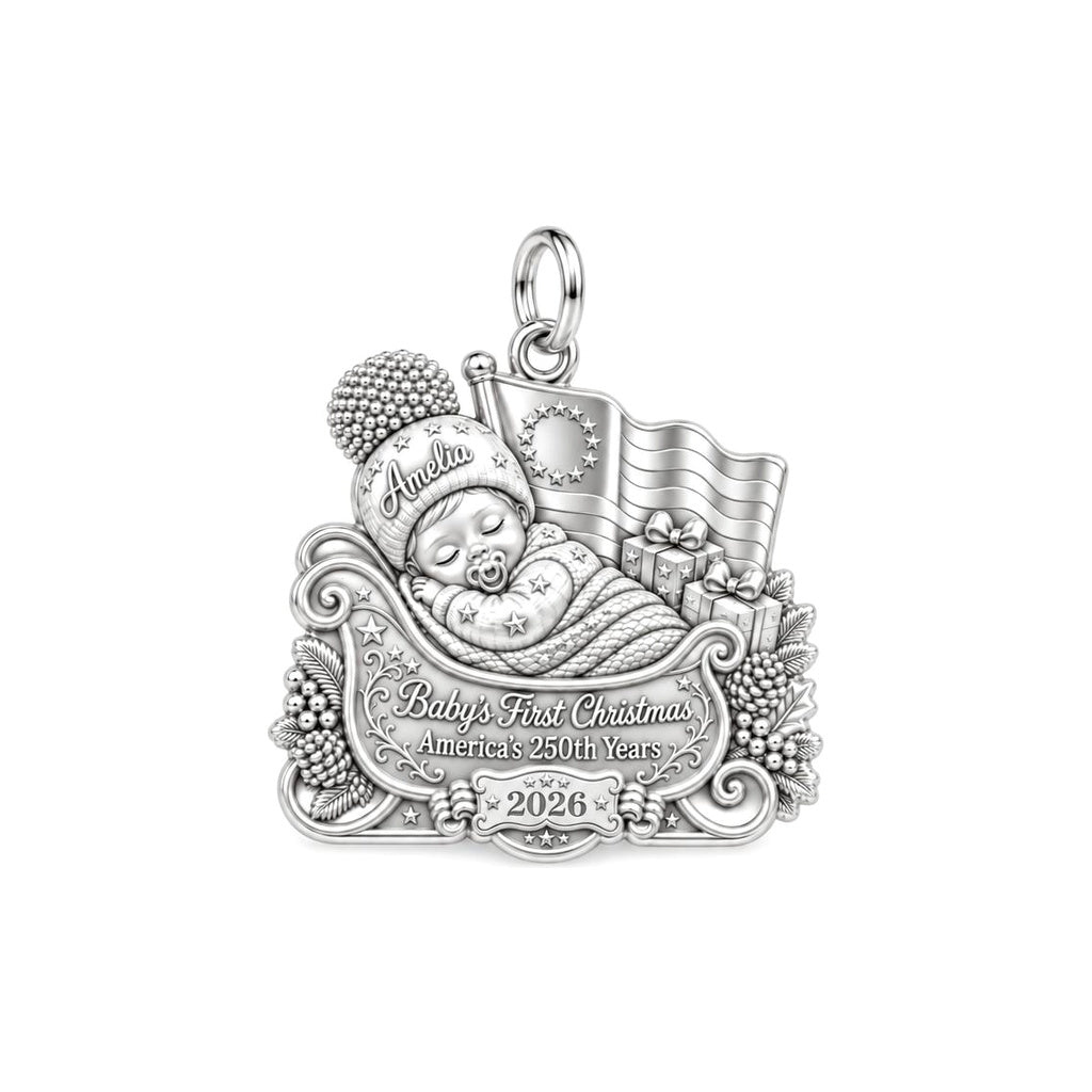 Patriotic Baby Sleigh Charm Bracelet – Personalized Mom Gift – silver plated 2 cm charm, front view