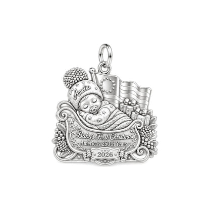 Patriotic Baby Sleigh Charm Bracelet – Personalized Mom Gift – silver plated 2 cm charm, front view