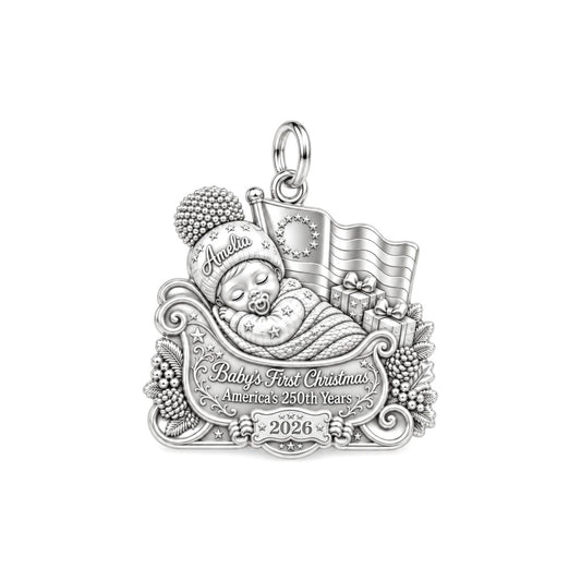 Patriotic Baby Sleigh Charm Bracelet – Personalized Mom Gift – silver plated 2 cm charm, front view