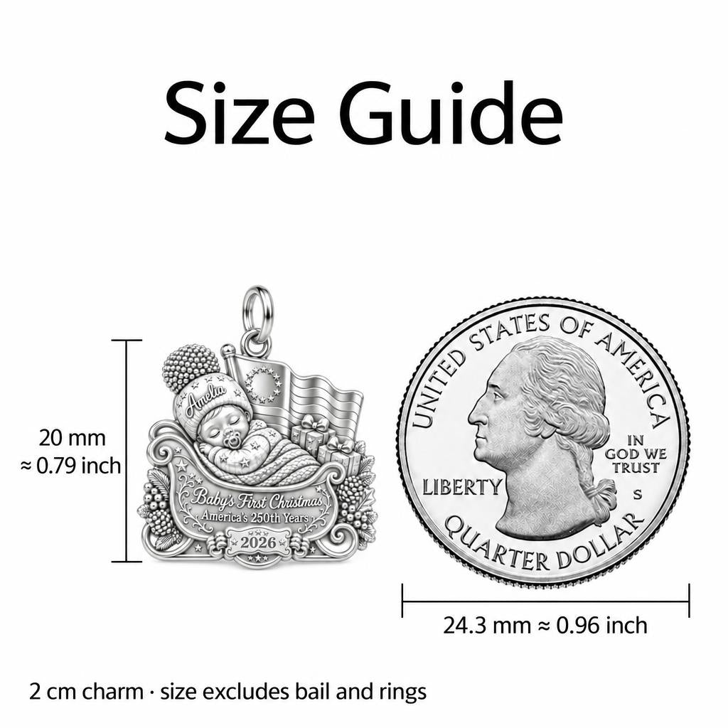Patriotic Baby Sleigh Charm Bracelet – Personalized Mom Gift – size guide, 2 cm charm next to a quarter