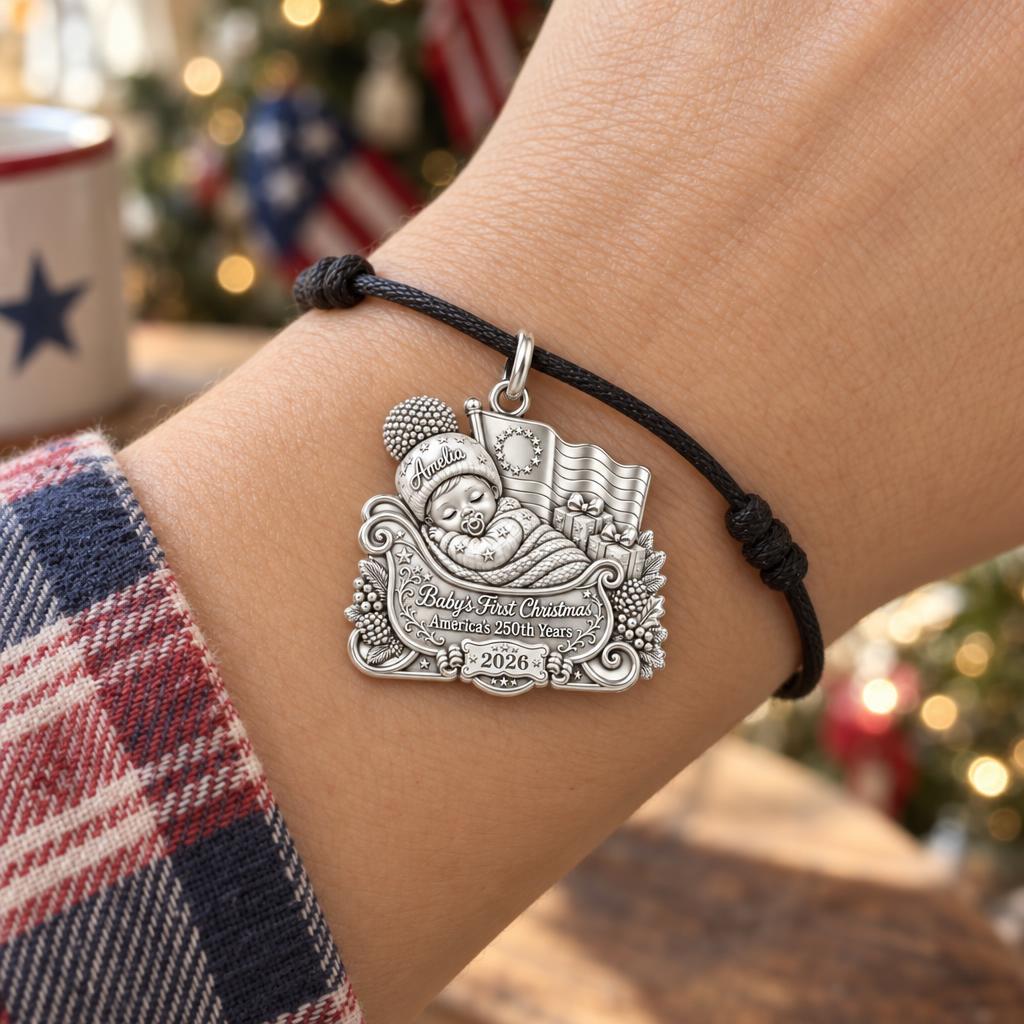 Patriotic Baby Sleigh Charm Bracelet – Personalized Mom Gift – worn on the wrist on a black cord bracelet