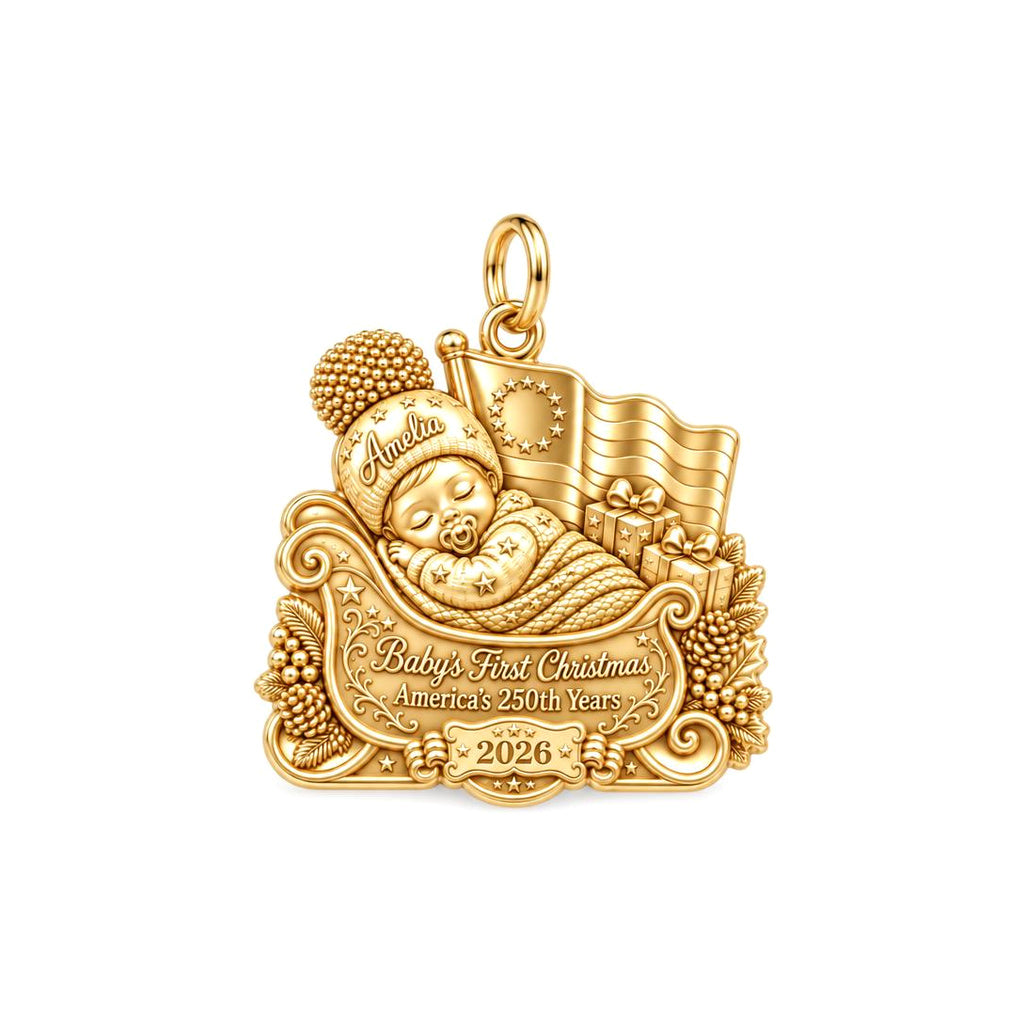 Patriotic Baby Sleigh Charm Bracelet – Personalized Mom Gift – 18K gold plated 2 cm charm, front view