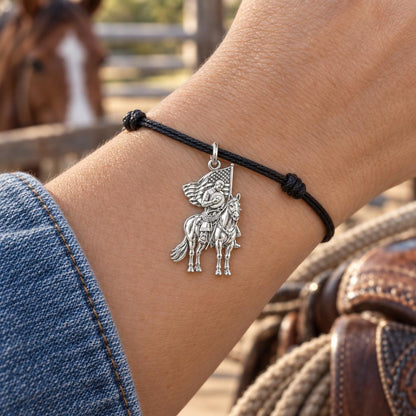 Patriotic Cowboy Prayer Charm Bracelet – Personalized Veteran Gift – worn on the wrist on a black cord bracelet