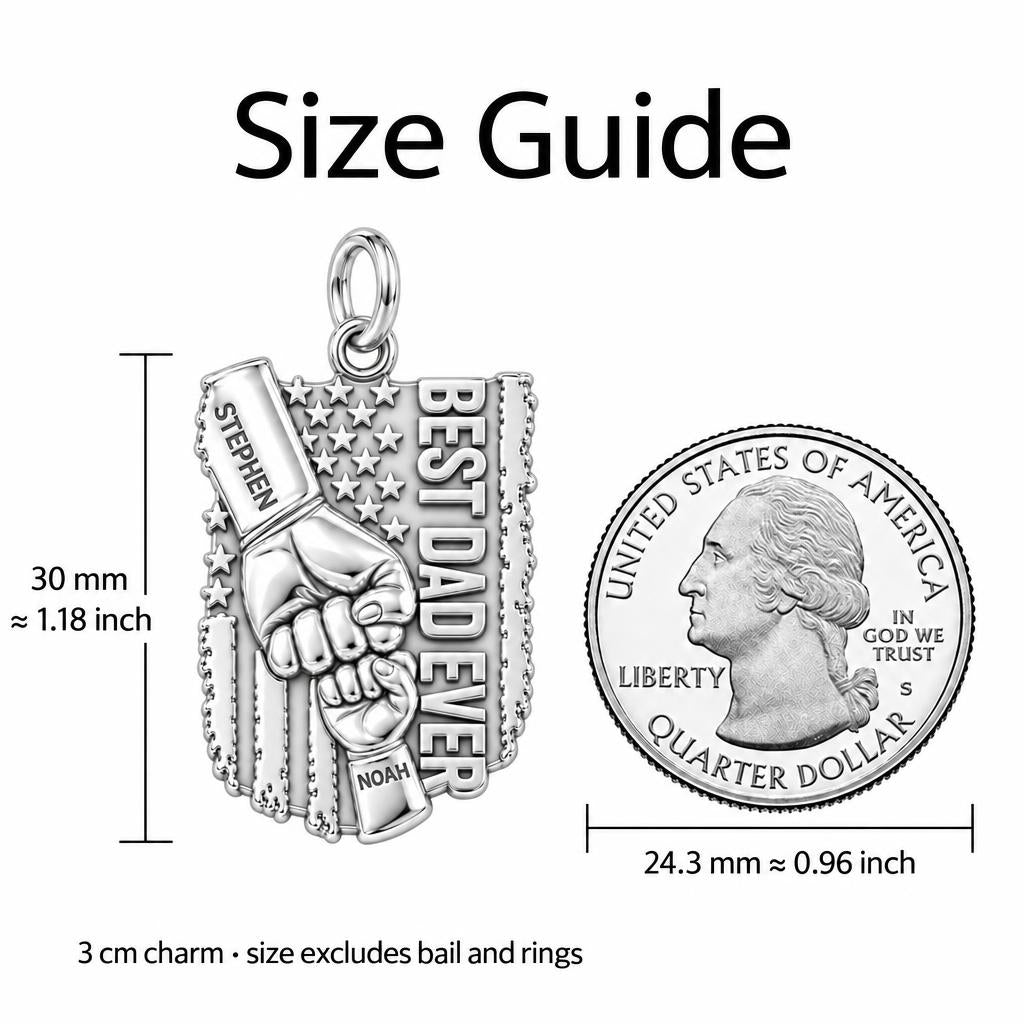 Patriotic Father Fist Bump Charm Bracelet – Personalized Dad Gift – size guide, 3 cm charm next to a quarter