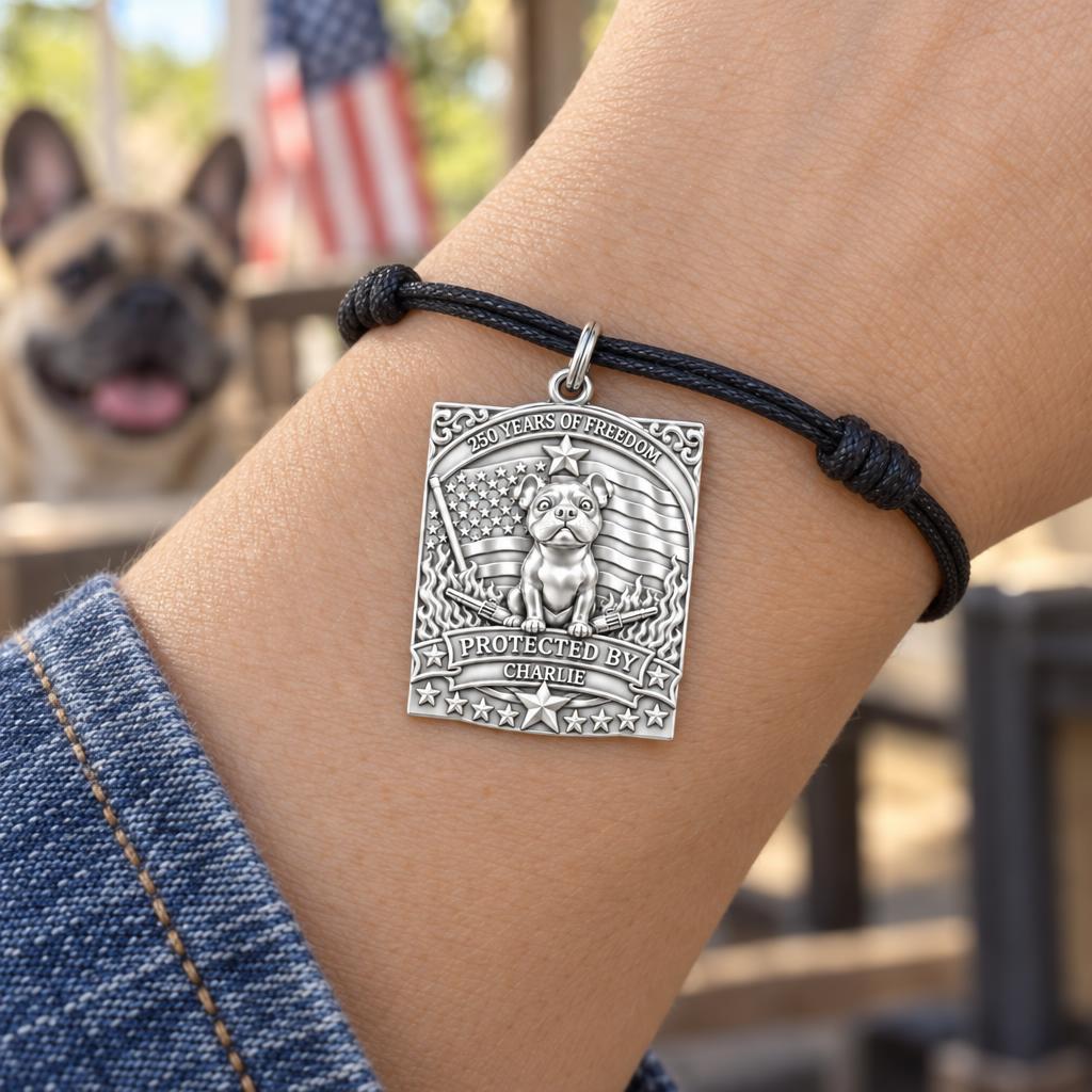Patriotic Guardian Charm Bracelet – Personalized Veteran Gift – worn on the wrist on a black cord bracelet