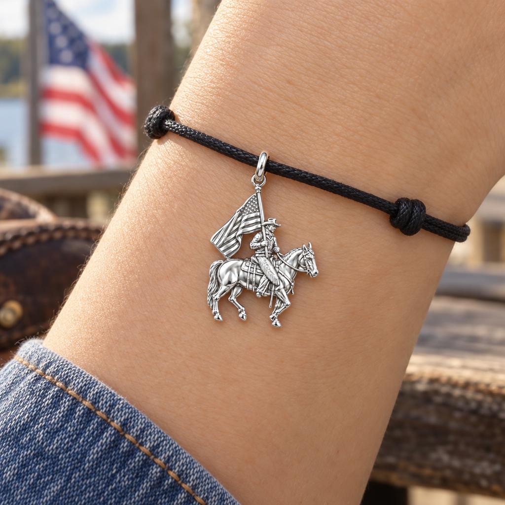 Patriotic Rider Charm Bracelet – Personalized Veteran Gift – worn on the wrist on a black cord bracelet