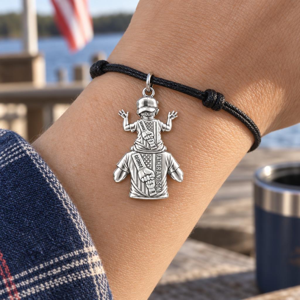 Patriotic Shoulder Ride Charm Bracelet – Personalized Dad Gift – worn on the wrist on a black cord bracelet