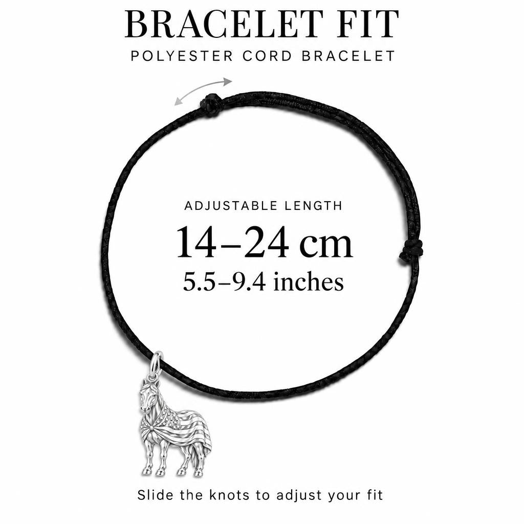 Patriotic Spirit Horse Charm Bracelet – Personalized Veteran Gift – adjustable black cord bracelet, 14–24 cm