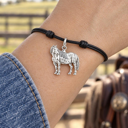 Patriotic Spirit Horse Charm Bracelet – Personalized Veteran Gift – worn on the wrist on a black cord bracelet