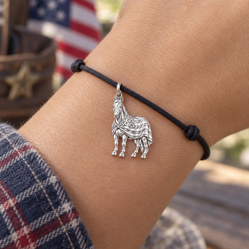 Patriotic Spirit Horse Charm Bracelet – Personalized Veteran Gift – worn on the wrist on a black cord bracelet