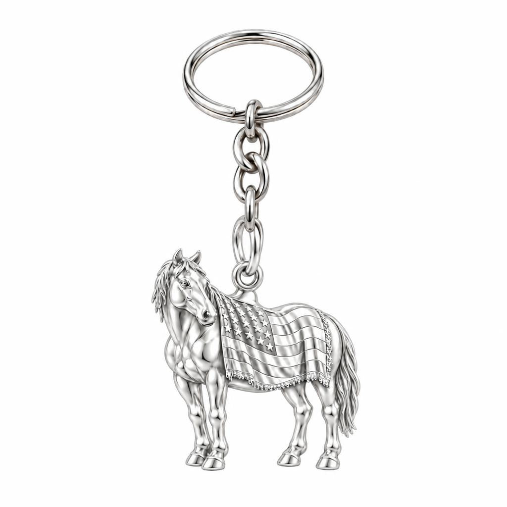 Patriotic Spirit Horse Charm Keychain – silver, front view