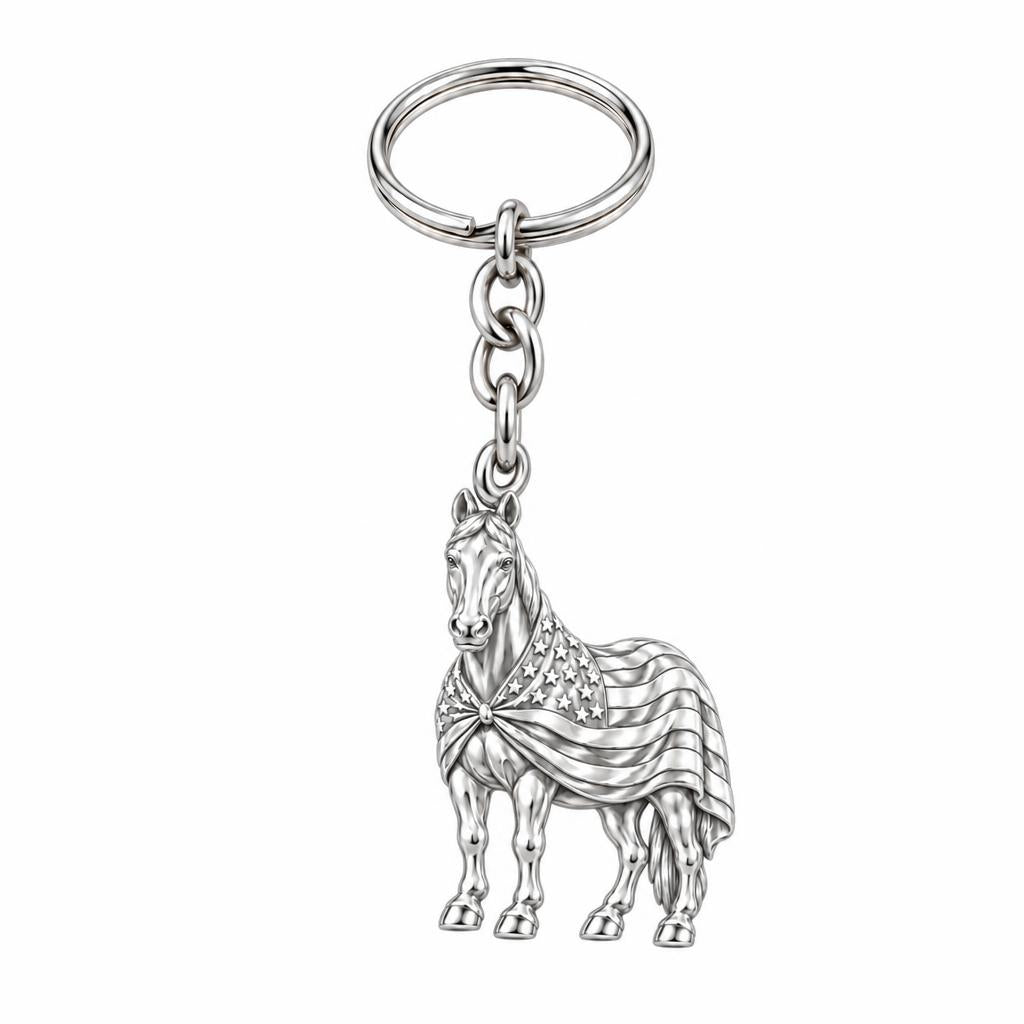 Patriotic Spirit Horse Charm Keychain – silver, front view