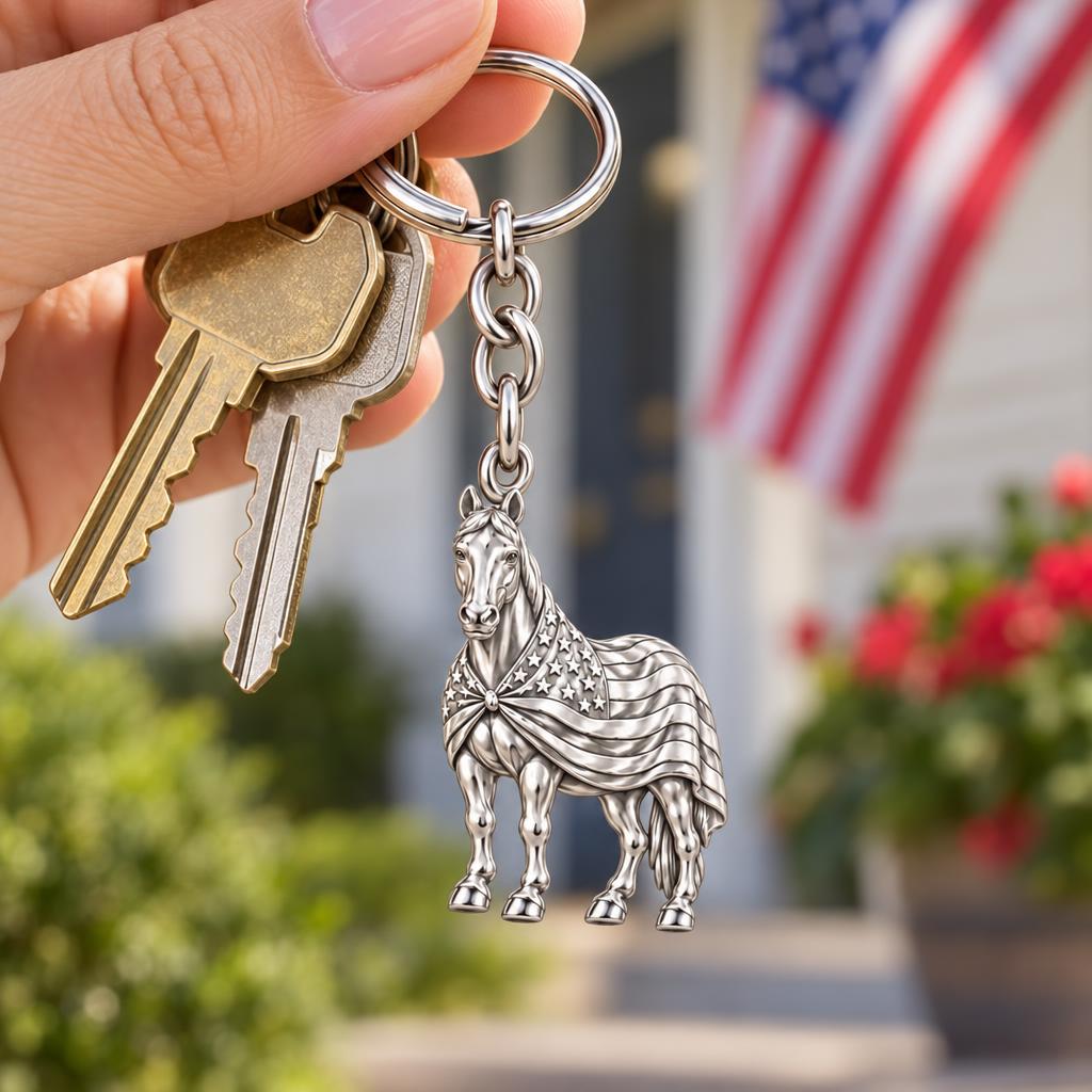 Patriotic Spirit Horse Charm Keychain – worn / in use