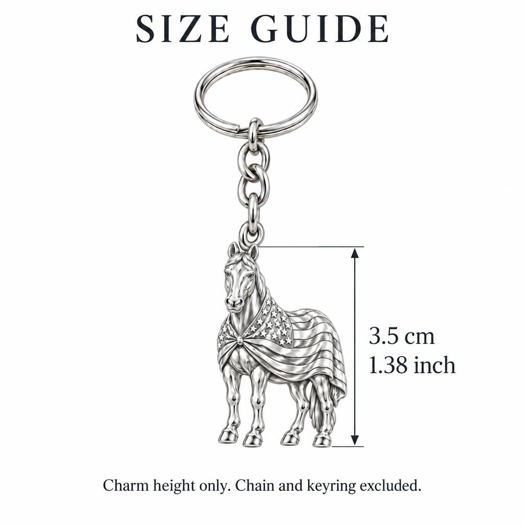 Patriotic Spirit Horse Charm Keychain – size guide, 3.5 cm (1.38 in) charm, chain and keyring excluded