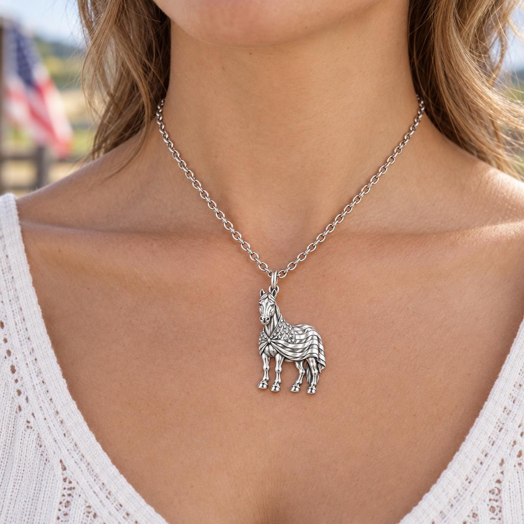 Patriotic Spirit Horse Charm Necklace Set – worn / in use