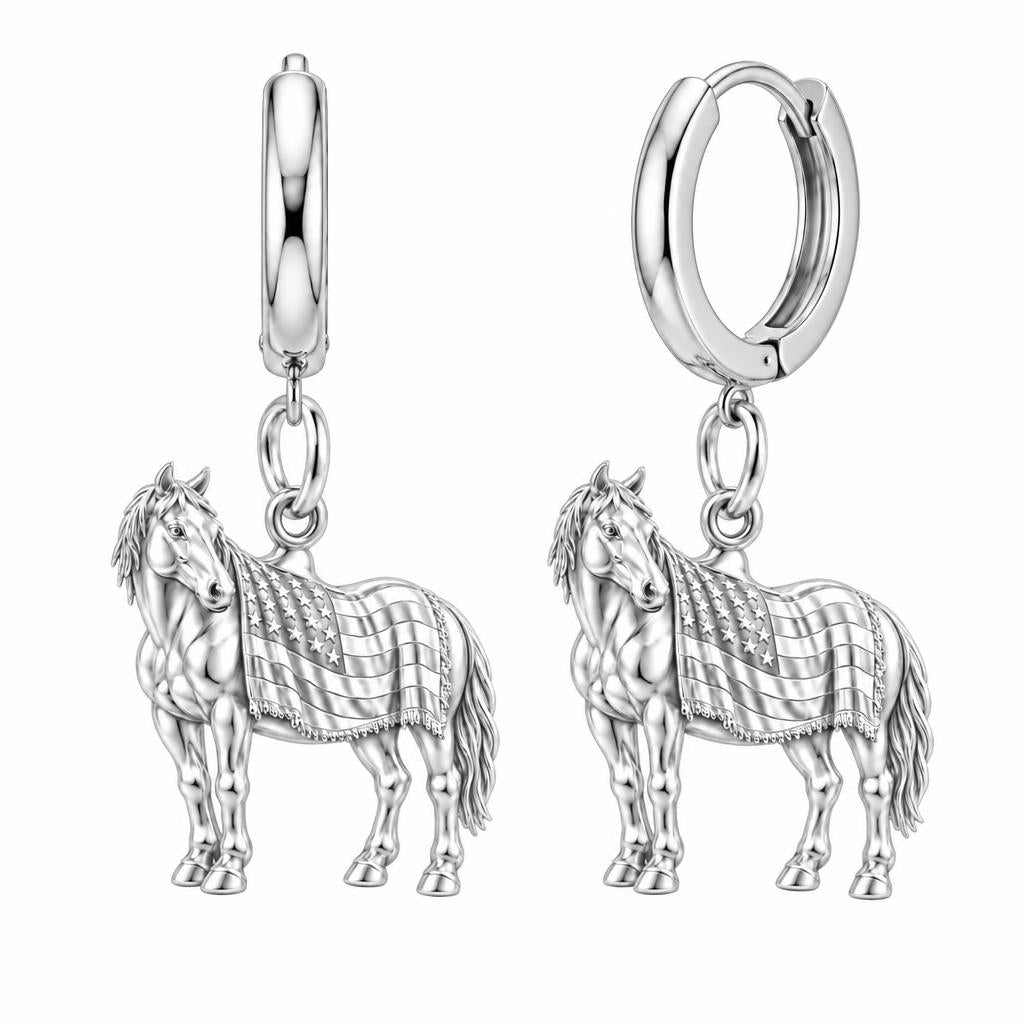 Patriotic Spirit Horse Huggie Charm Earrings – silver, front view