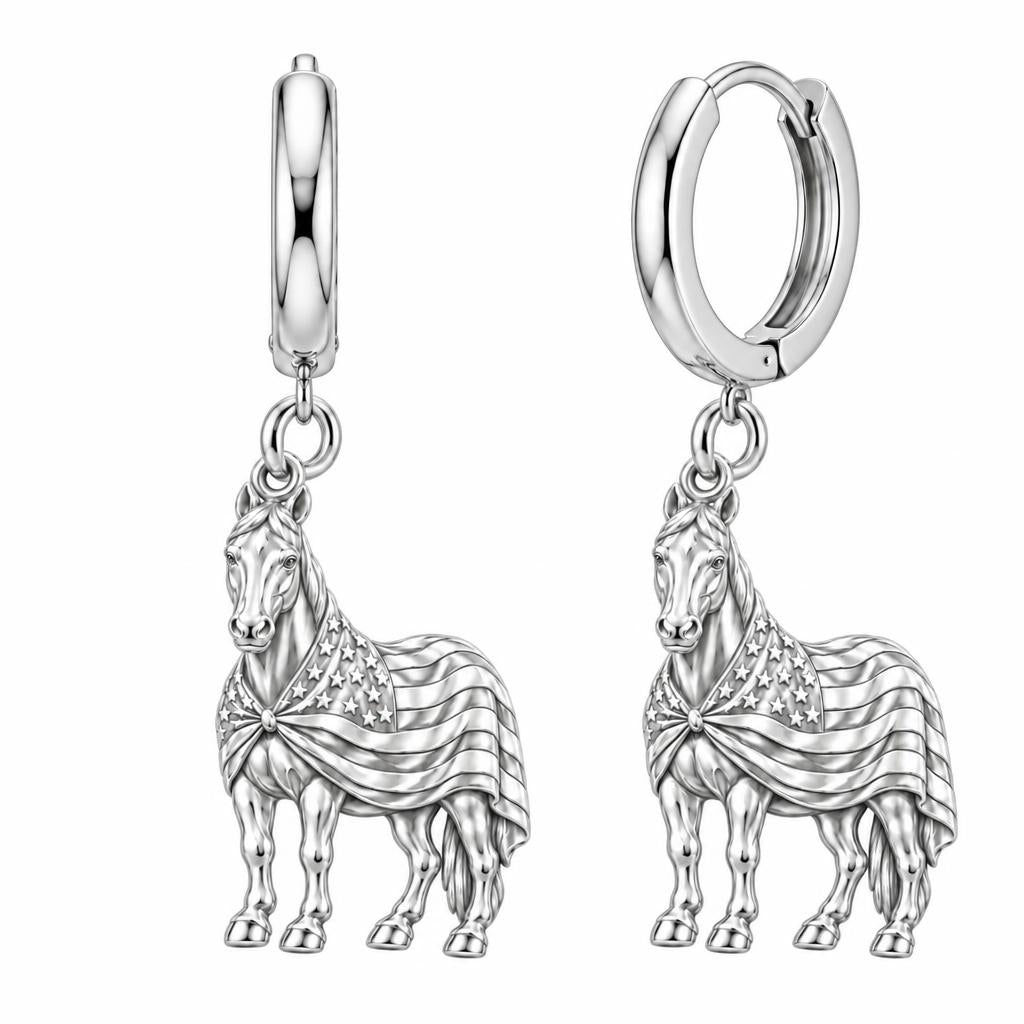 Patriotic Spirit Horse Huggie Charm Earrings – silver, front view
