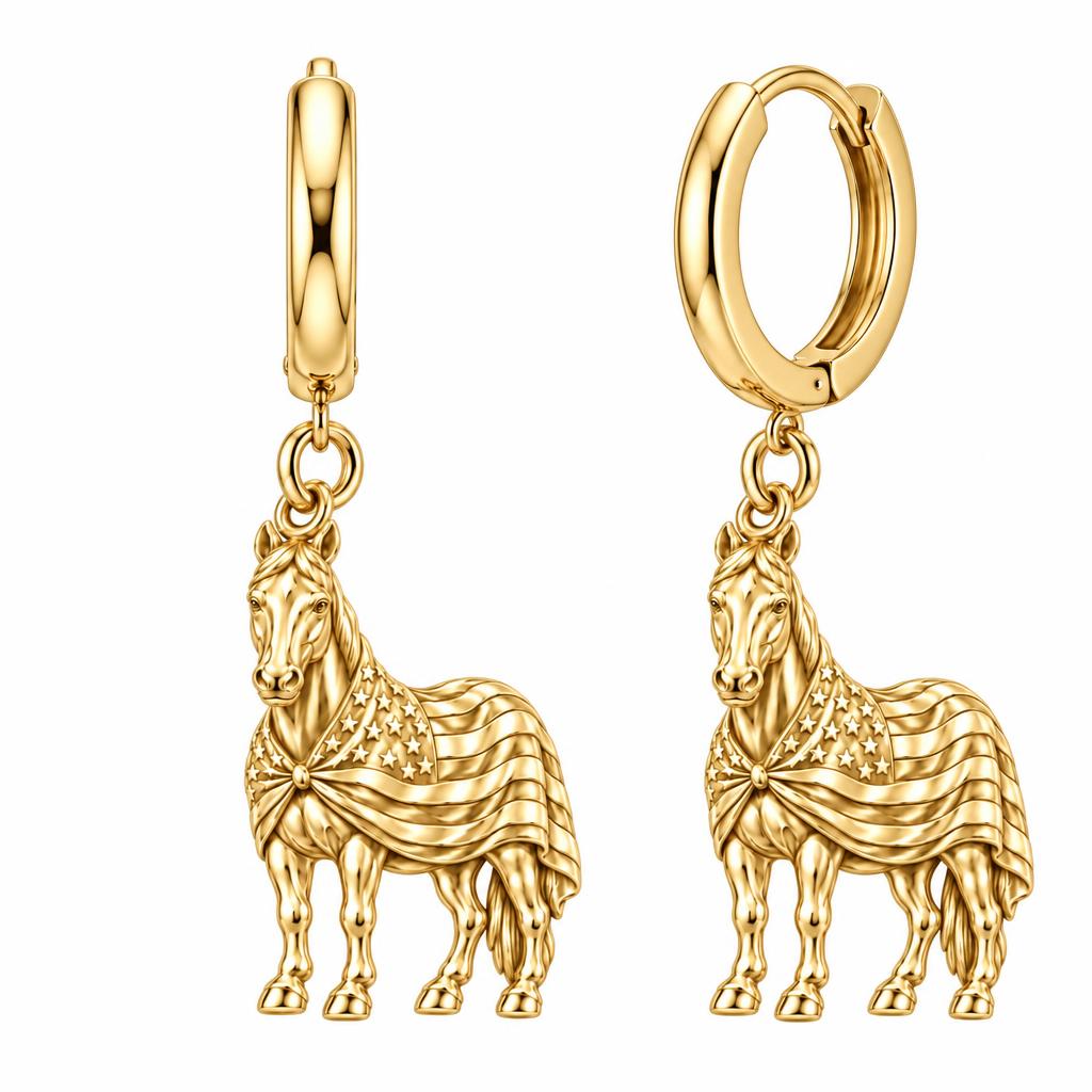 Patriotic Spirit Horse Huggie Charm Earrings – 18K gold, front view
