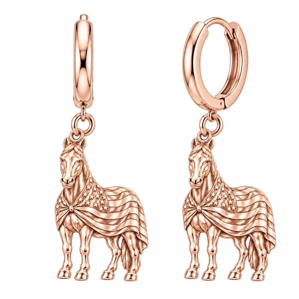 Patriotic Spirit Horse Huggie Charm Earrings – rose gold, front view
