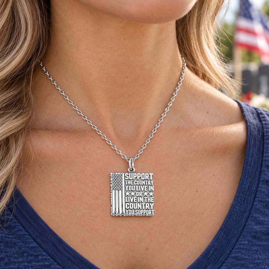 Patriotic Support Flag Charm Necklace Set – worn / in use