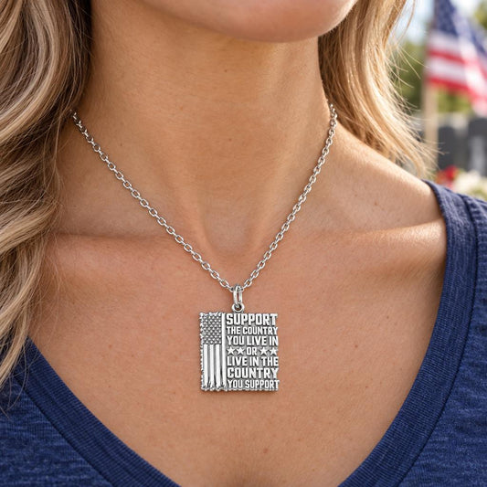 Patriotic Support Flag Charm Necklace Set – worn / in use