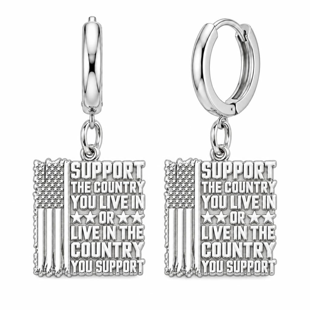 Patriotic Support Flag Huggie Charm Earrings – silver, front view