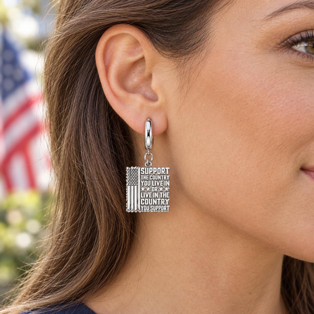 Patriotic Support Flag Huggie Charm Earrings – worn / in use