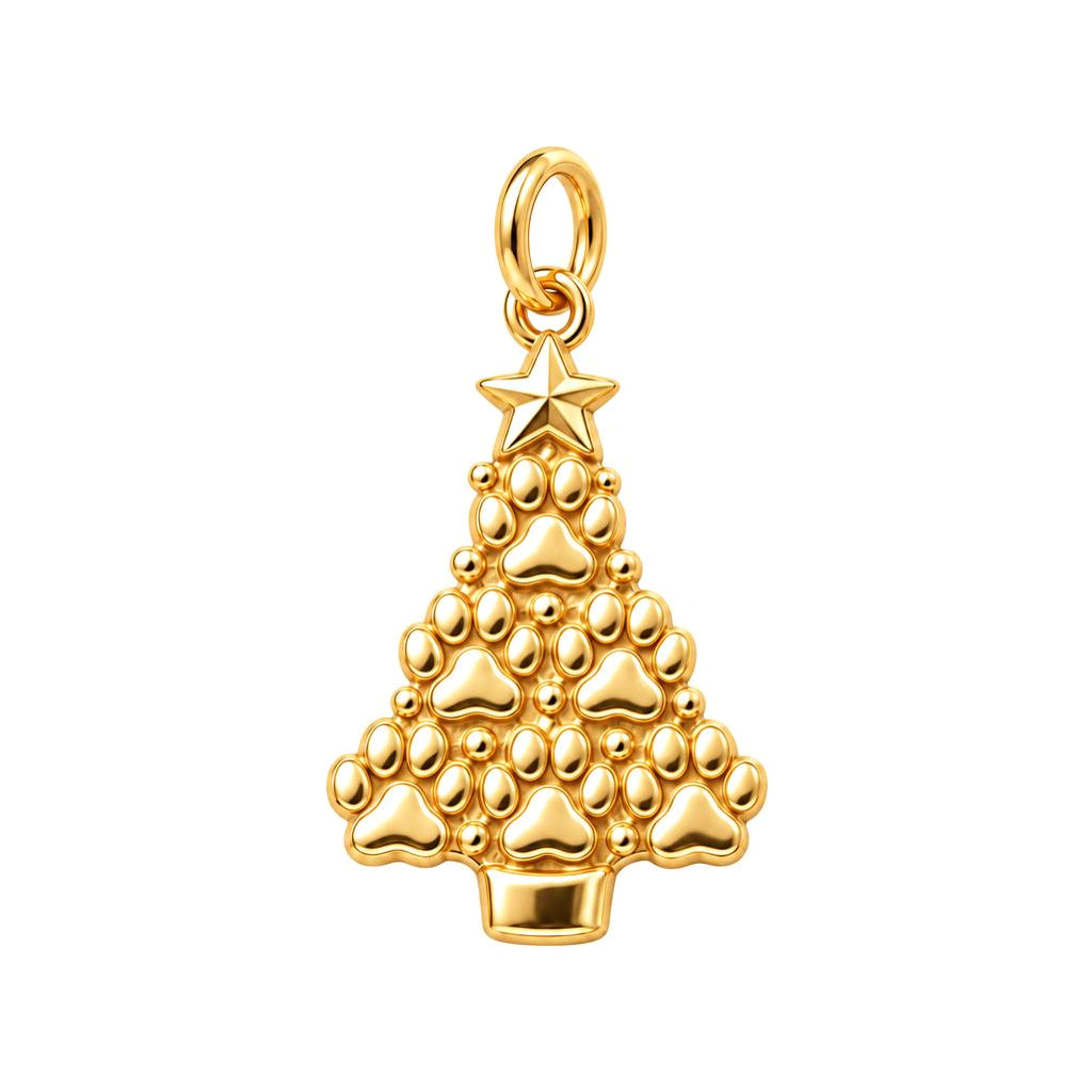 Paw Print Christmas Tree Charm Bracelet – Personalized Dog Mom Gift – 18K gold charm, front view