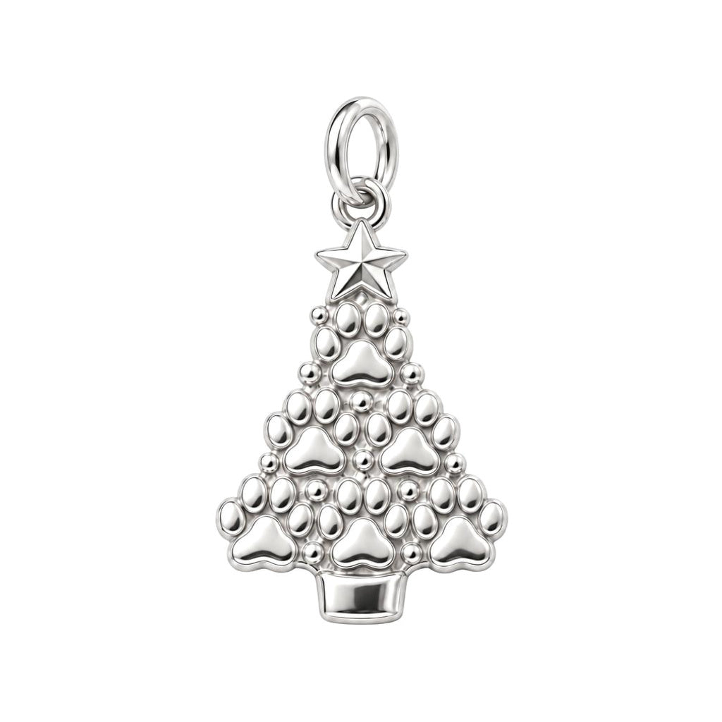 Paw Print Christmas Tree Charm Bracelet – Personalized Dog Mom Gift – silver charm, front view