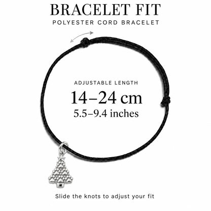 Paw Print Christmas Tree Charm Bracelet – Personalized Dog Mom Gift – adjustable black cord bracelet, 14–24 cm