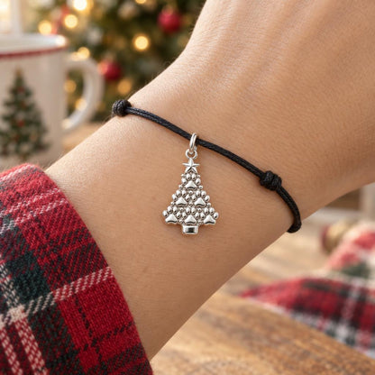 Paw Print Christmas Tree Charm Bracelet – Personalized Dog Mom Gift – worn on the wrist on a black cord bracelet