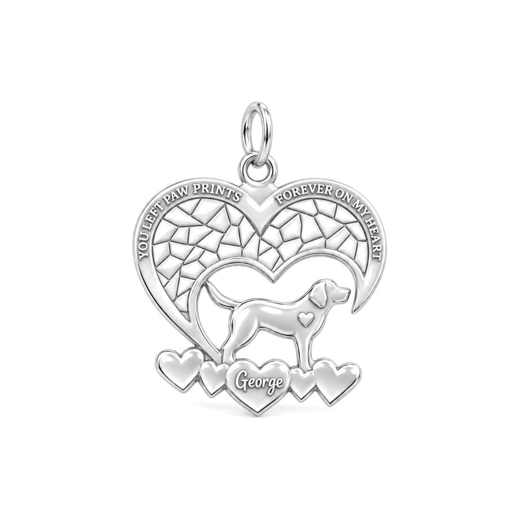 Paw Prints On My Heart Charm Bracelet – Personalized Pet Gift – silver plated 3 cm charm, front view