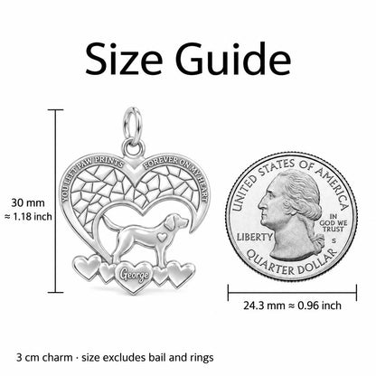 Paw Prints On My Heart Charm Bracelet – Personalized Pet Gift – size guide, 3 cm charm next to a quarter
