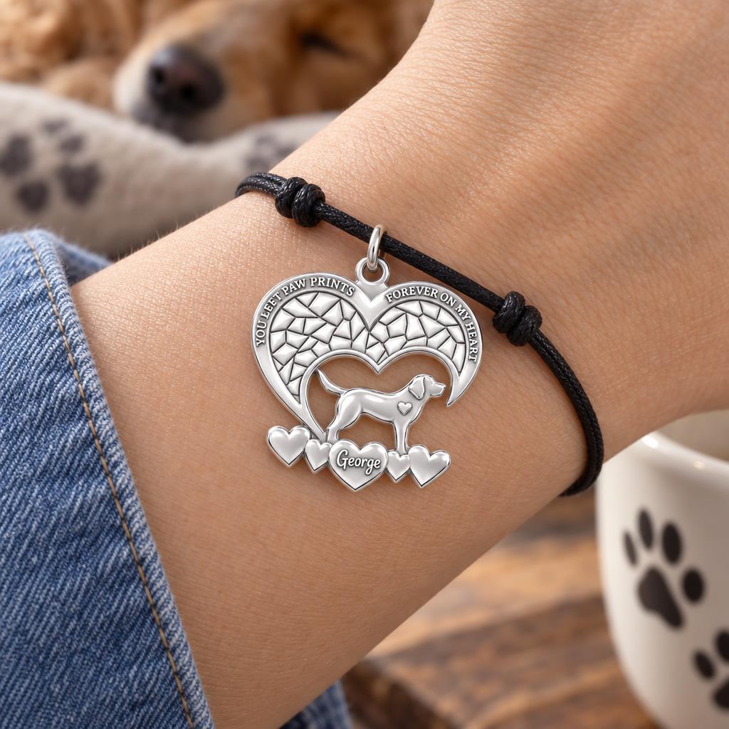 Paw Prints On My Heart Charm Bracelet – Personalized Pet Gift – worn on the wrist on a black cord bracelet