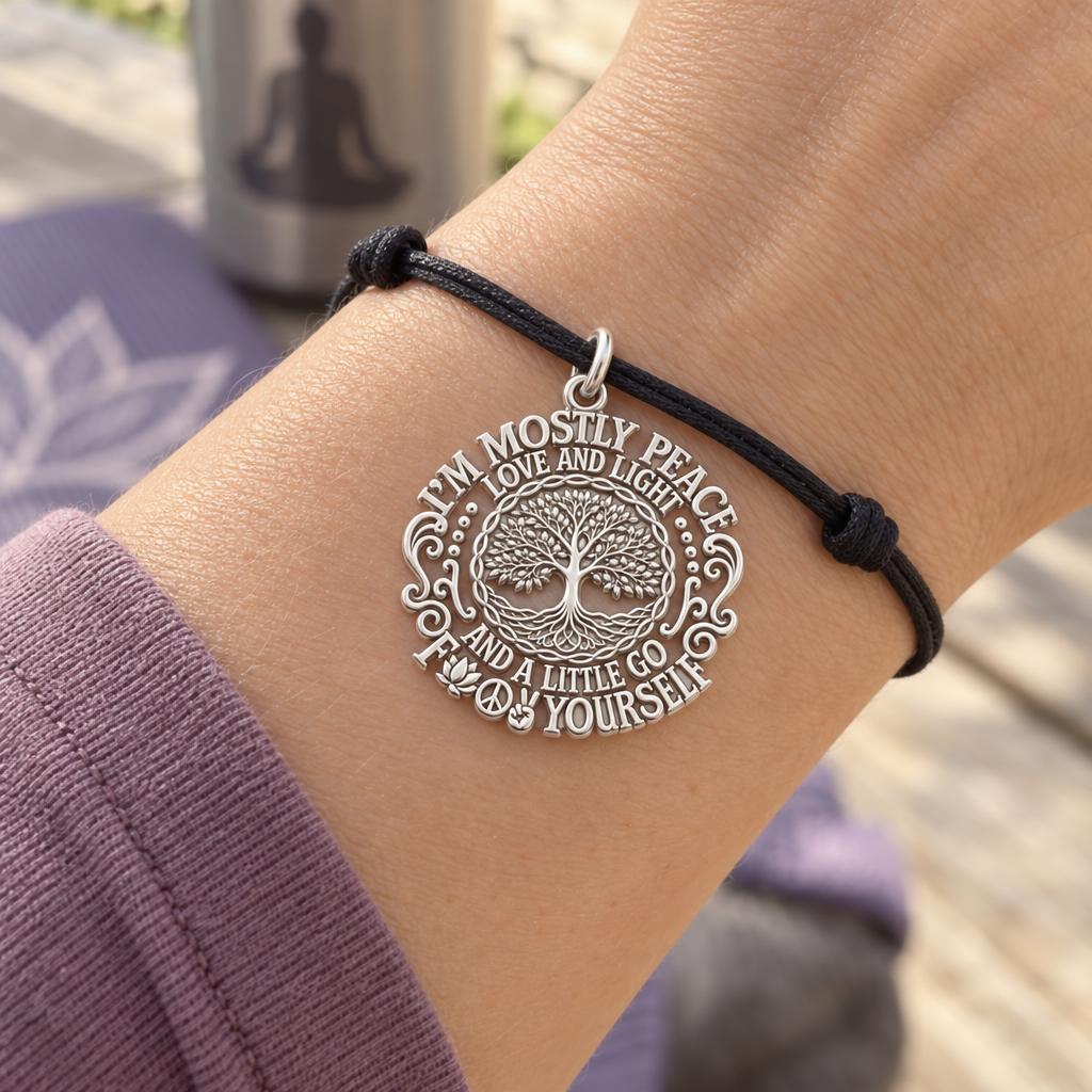 Peace Love and Light Charm Bracelet – Personalized Yoga Gift – worn on the wrist on a black cord bracelet