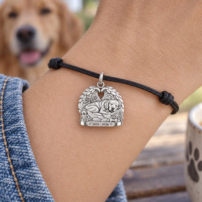 Peaceful Angel Wings Charm Bracelet – Personalized Dog Mom Gift – worn on the wrist on a black cord bracelet