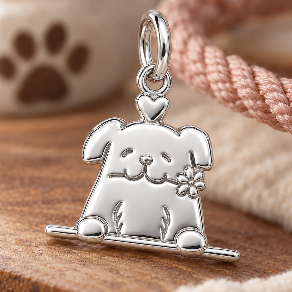 Peeking Pup with Flower Charm and Polyester Cord Bracelet Set