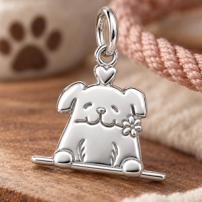 Peeking Pup with Flower Charm and Polyester Cord Bracelet Set