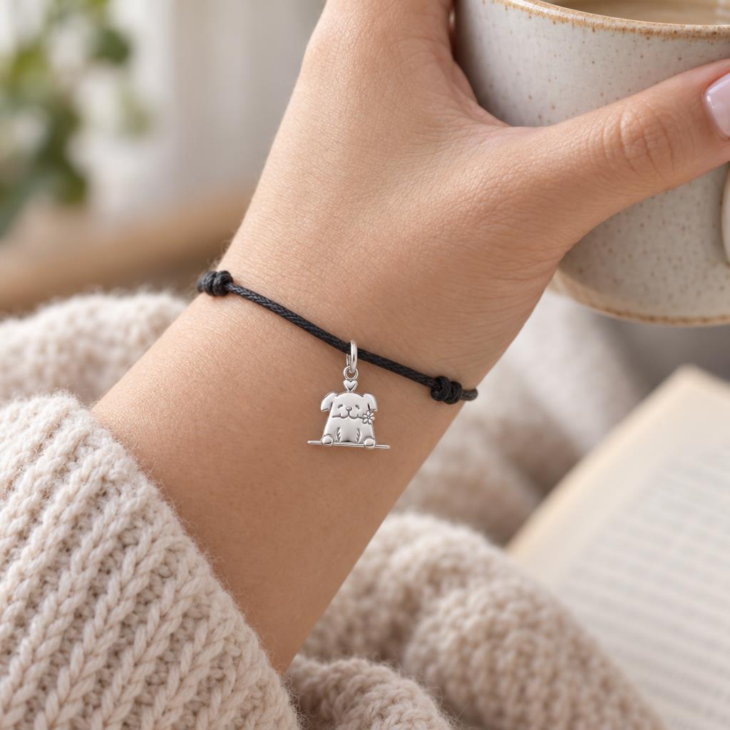 Peeking Pup with Flower Charm and Polyester Cord Bracelet Set