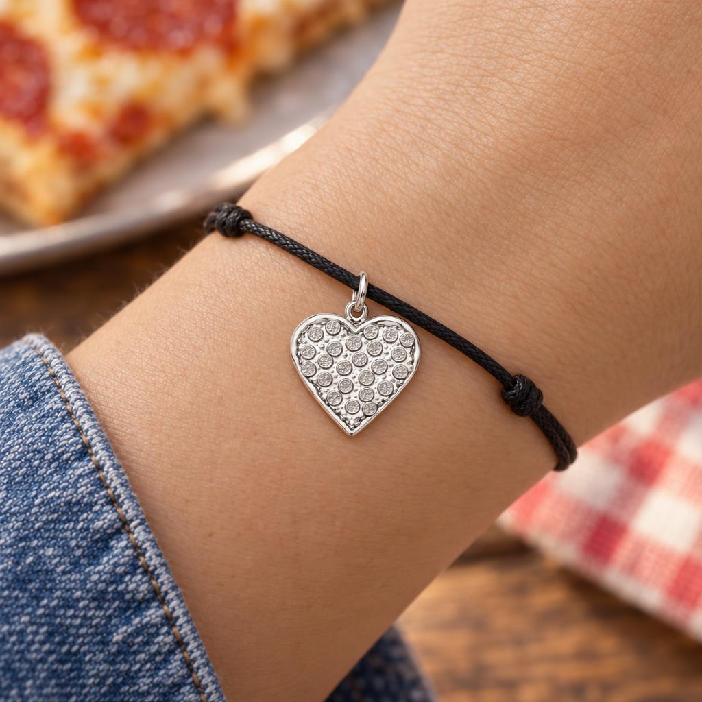 Pepperoni Pizza Heart Charm Bracelet – Personalized Foodie Gift – worn on the wrist on a black cord bracelet