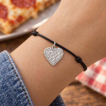 Pepperoni Pizza Heart Charm Bracelet – Personalized Foodie Gift – worn on the wrist on a black cord bracelet