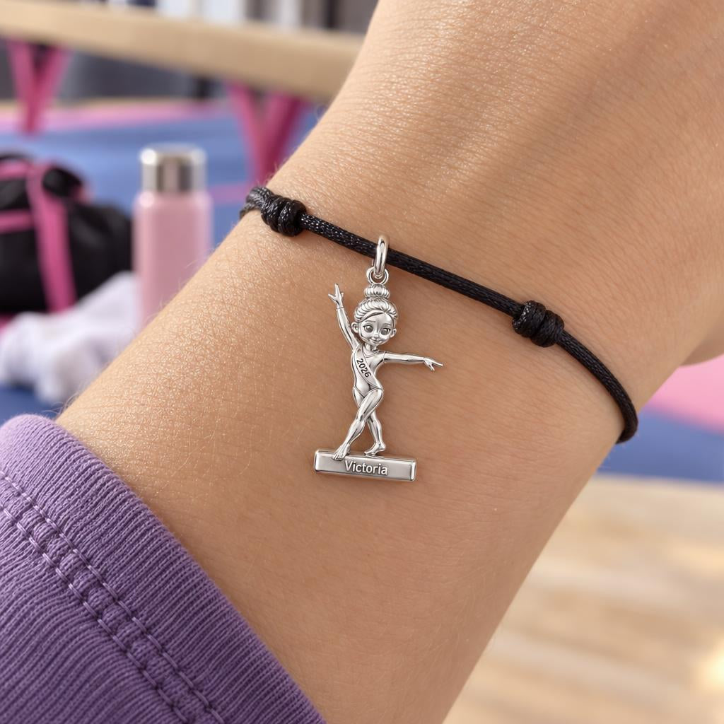 Perfect Balance Gymnast Charm Bracelet – Personalized Mom Gi – worn on the wrist on a black cord bracelet