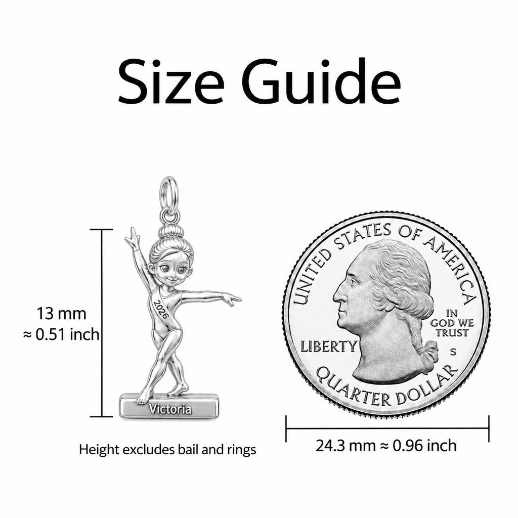 Perfect Balance Gymnast Charm Keychain – size guide, 13 mm charm next to a quarter