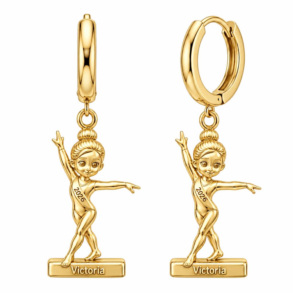 Perfect Balance Gymnast Huggie Charm Earrings – 18K gold, front view