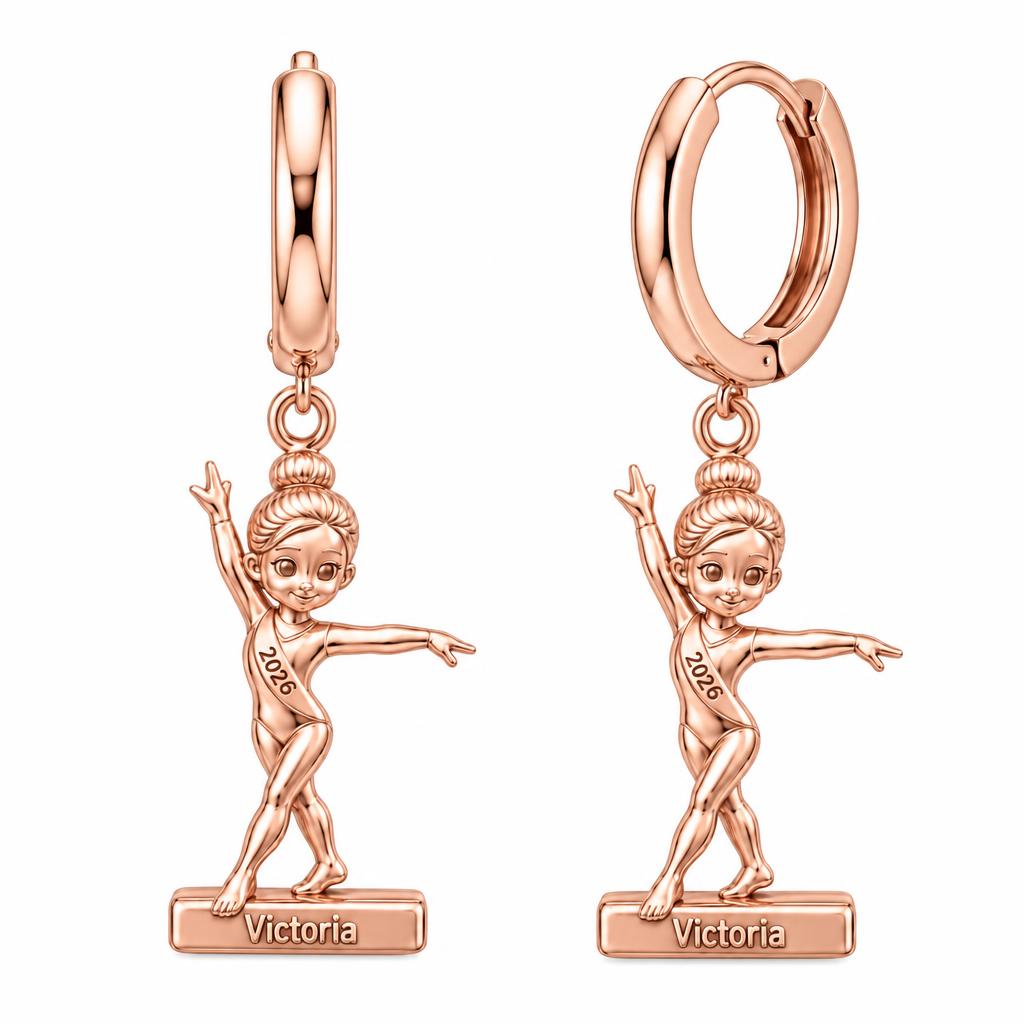 Perfect Balance Gymnast Huggie Charm Earrings – rose gold, front view