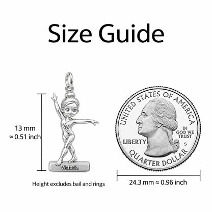 Perfect Balance Gymnast Keepsake Plaque – size guide, 13 mm charm next to a quarter