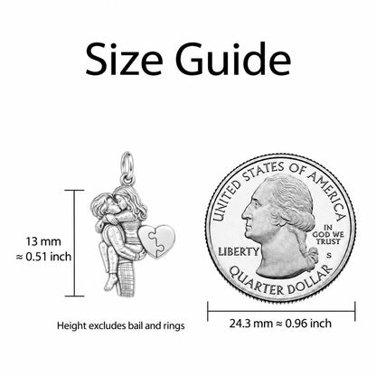 Perfect Fit Puzzle Heart Charm Bracelet – Personalized Couple Gift – size guide, 13 mm charm next to a quarter